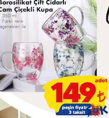 BOROSİLİKAT ÇİFT CİDARLI CAM ÇİÇEKLİ KUPA 350 ML fiyat ve kampanya bilgisi